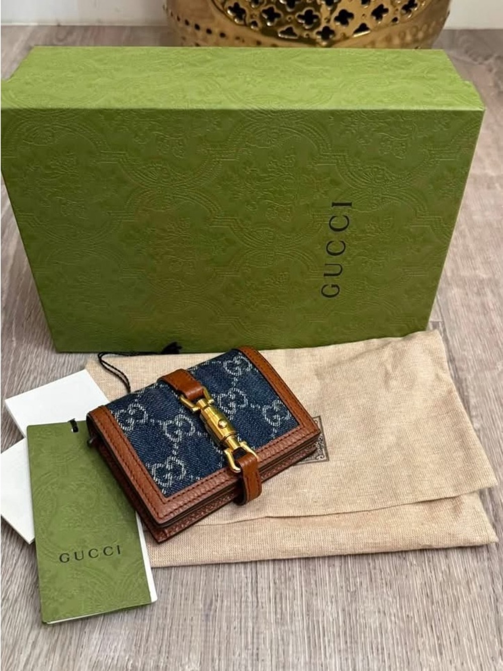 Gucci Blue GG Denim Wallet with Brown Leather Trim and Brass Horsebit